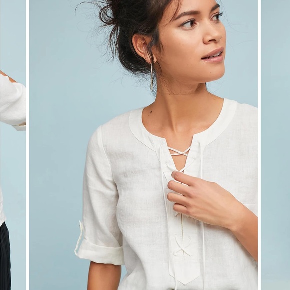 Anthropologie Maeve White Marva Lace up 100% Linen Tunic Top sz 0 | Linen Blouse - Picture 3 of 14